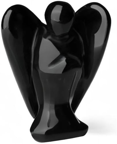 YATOJUZI 2" Black Obsidian Angel Decor Healing Crystals Polished Natural Stone Sculpture Statue Hand Carved Cute Figurines Energy Reiki Home Room Office Desk Decoration Guardian Gifts for Women Men
