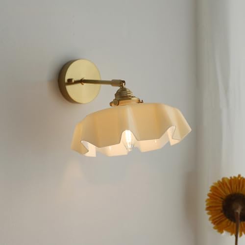 Vintage Milk Glass Wall Sconce Light, Mid Century Floral Design, Hardwired Gold Wall Lamp for Bedroom, Hallway, Living Room, Farmhouse Decor, Straight Arm Fixture