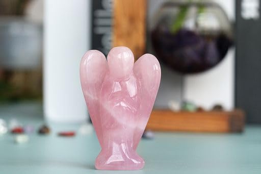 YATOJUZI 2" Rose Quartz Angel Decor Healing Crystals Polished Natural Stone Sculpture Statue Hand Carved Cute Figurines Energy Reiki Pink Home Room Office Desk Decoration Guardian Gifts for Women Men