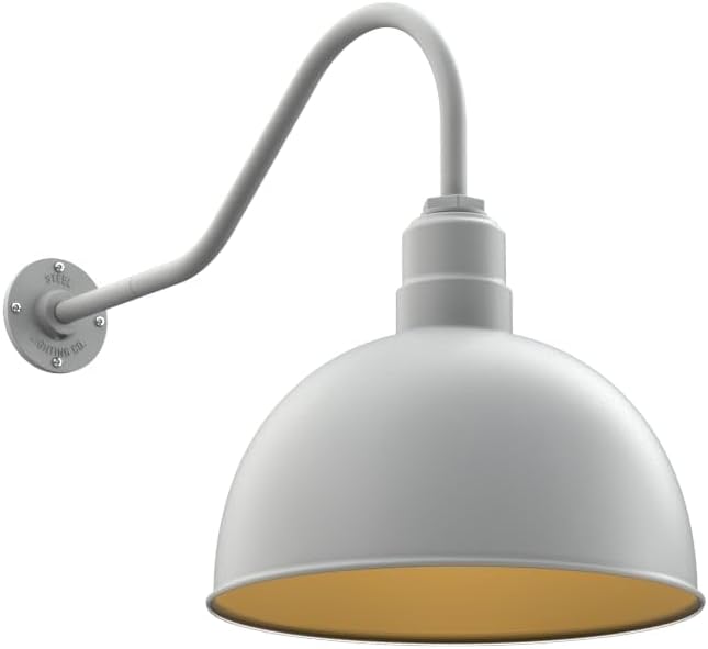 Steel Lighting Co. Hollywood Bowl Light | Outdoor Wall Mounted | 15 inch Bowl Dome | 23" Gooseneck | Barn Light Made in America | Modern Gray Exterior/Brass Interior