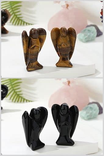 YATOJUZI 2" Black Obsidian Tigers Eye 2Pcs Angel Decor Crystal Cute Polished Natural Stone Hand-Carved Sculpture Statue Figurines Gemstone Hippie Home Room Office Desk Gifts for Women Men