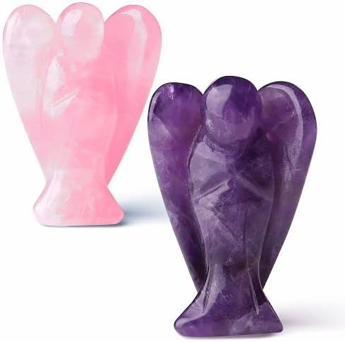 YATOJUZI 2" Amethyst Rose Quartz 2Pcs Angel Decor Crystal Cute Polished Natural Stone Hand-Carved Sculpture Statue Figurines Gemstone Hippie Home Room Office Desk Gifts for Women Men