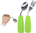 Adaptive Utensils Angled Spoon and Fork for Hand Tremors Parkinsons,Weighted Utensils with Non-Slip Easy Grip Handles for Independent Eating (1pcs Spoon+1pcs Fork=2 pcs,Green,Left Hand)