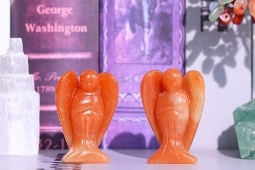 YATOJUZI 2" Red Aventurine Angel Decors Natural Healing Crystals Polished Carved Gemstones Stones Hand Guardian Cute Sculpture Statue Reiki Energy Figurines Home Room Office Desk Decor Gifts for Women