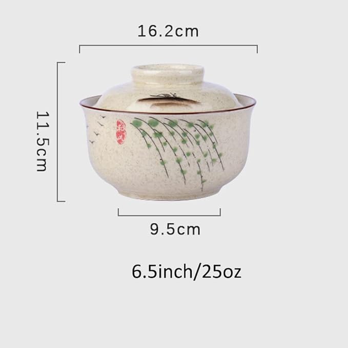 6.5 inch Retro Ceramic Ramen Bowl with Lid,Japanese Style Personalized Dinnerware For Noodle Rice Porridge Soup Fruit Sala (6.5inch, B)