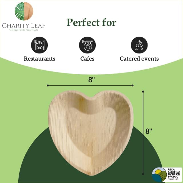 Charity Leaf Disposable Palm Leaf 8" Heart Plates (100 pieces) Bamboo Like Serving Platters, Disposable Boards, Eco-Friendly Dinnerware For Weddings, Catering, Events