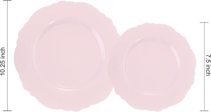 WDF 60pcs Pink Plastic Plates - Baroque Pink Disposable Plates Including 30 Dinner Plates 10.25inch, 30 Dessert Plates 7.5inch for Upscale Valentine's Day, Wedding, Parties