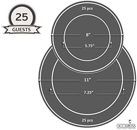" OCCASIONS " 50 Plates Pack (25 Guests)-Extra Heavyweight Vintage Wedding Disposable/Reusable Plastic Plates -25x11'' Dinner + 25x8.25'' Salad/Dessert (Chateau Collection White)