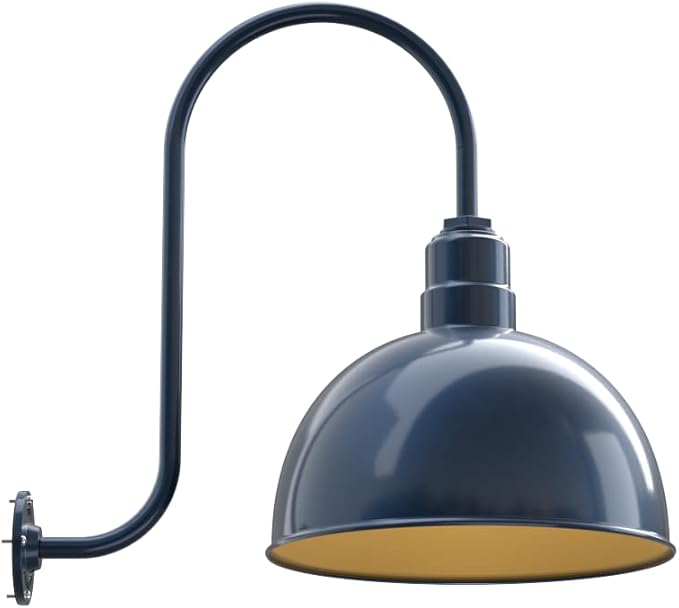 Steel Lighting Co. Hollywood Bowl Light | Outdoor Wall Mounted | 15 inch Bowl Dome | Upward Sloping Gooseneck | Barn Light Made in America | Gray Blue Exterior/Brass Interior