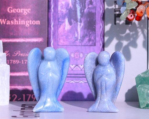 YATOJUZI 2" Blue Aventurine Angel Decors Natural Healing Crystals Polished Carved Gemstones Stones Hand Guardian Cute Sculpture Statue Reiki Energy Figurine Home Room Office Desk Decor Gifts for Women