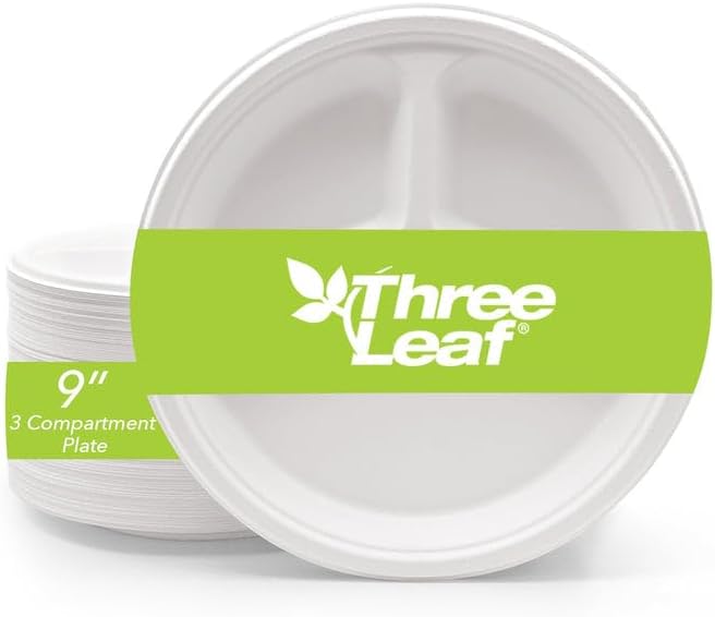 three leaf 9" 3 COMPARTMENT BAGASSE ROUND PLATE, 18,000 Ct. (36 cases x 500 plates) Heavy-Duty- Super Strong- Natural- Eco-Friendly Disposable Bagasse Plates