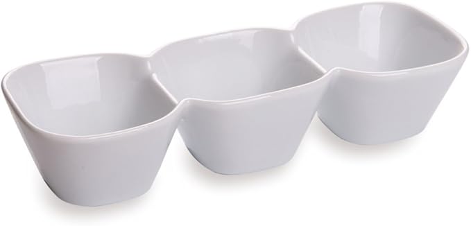 Restaurantware 18 Ounce Triple Bowl Serving Dish 1 Square Porcelain Condiment Tray - Serve Snacks Dips or Condiments For Parties Buffets Or Catering White Porcelain 3 Section Serving Dish