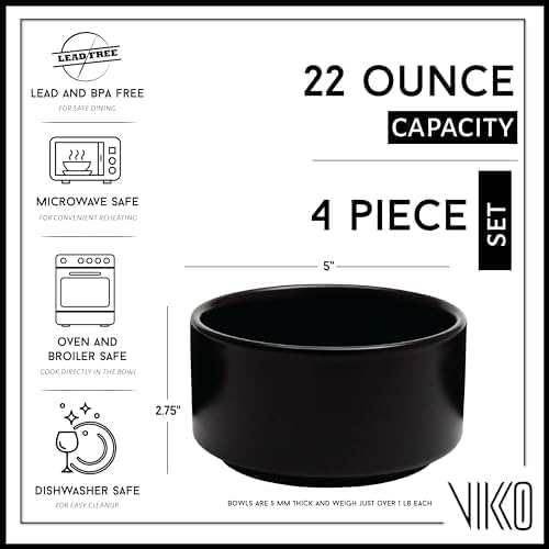 Vikko Modern Soup Bowls, Set of 4 Black Matte Porcelain Bowls, Large Size 22 oz Elegant Restaurant Style Soup Bowl Set, Microwave and Dishwasher Safe