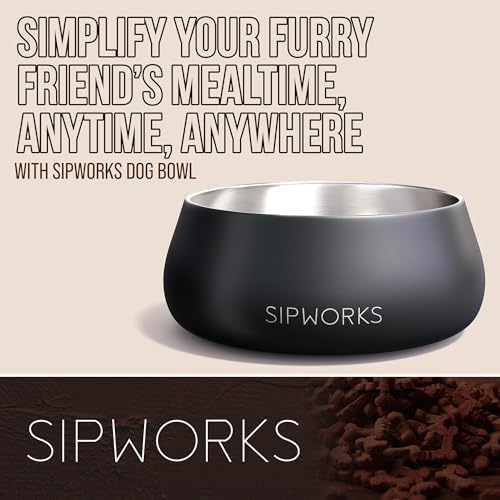 Sipworks Stainless Steel Dog Bowl – 32oz Weighted Metal Food and Water Bowls for Dogs and Cats with Non-Slip Base - Pet Bowls for All Breeds Sizes for Travel & Outdoor Play | Denim