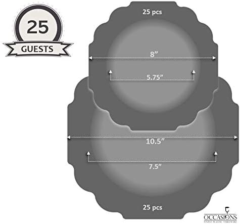 " OCCASIONS " 50 Plates Pack (25 Guests)-Heavyweight Wedding Party Disposable Plastic Plate Set -(25x10.5'' Dinner + 25x8'' Salad/Dessert) (Imperial Ivory & Gold)