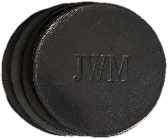 Ox & Pine Personalized Leather Coaster - Sold Individually or in Sets of 4 - Customize Inscription - 100% Full-Grain Leather – 4" Round or 4" Square (Round, Black, Set of 4 Coasters)