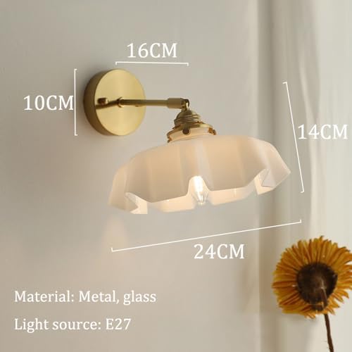 Vintage Milk Glass Wall Sconce - Mid Century Flower Design, Hardwired Gold Lighting - Elegant Wall Lamp for Bedroom, Hallway, Living Room, Farmhouse Decor