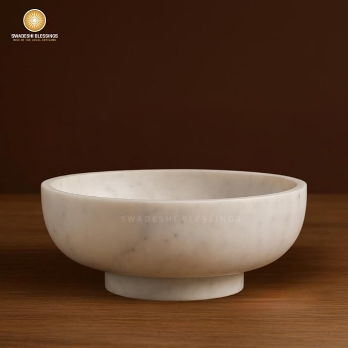 SWADESHI BLESSINGS Handcrafted Marble Fruit Bowl for Kitchen Counter, Large Decorative Bowl for Home Decor, Key Bowl for Entryway Table, Marble Pedestal Bowl for Dining Table Centerpiece Decor, 10.5”