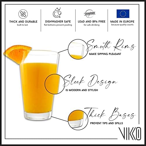 Vikko Drinking Glasses, 9.5 Ounce Water Tumblers, Set of 6 All Purpose Glass Cups, Thick and Durable Tapered Design, Dishwasher Safe, Tall Glass Tumblers