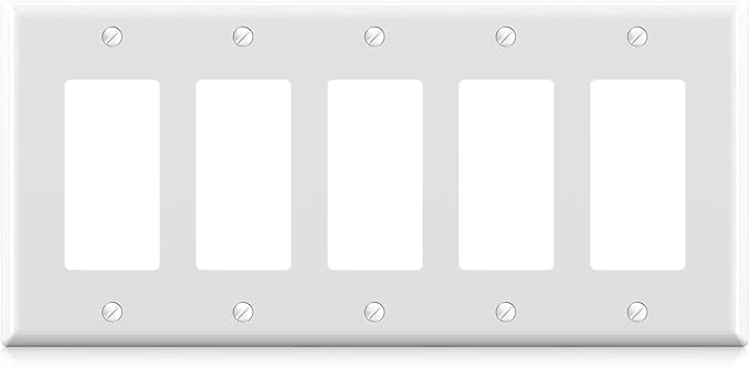 ELEGRP 5-Gang Decorative Wall Plates, Standard Size 4.52" H x 10.03" L Unbreakable Thermoplastic Faceplate Cover for Decorator Receptacle Outlet Switch, UL Listed (1 Pack, Glossy White)