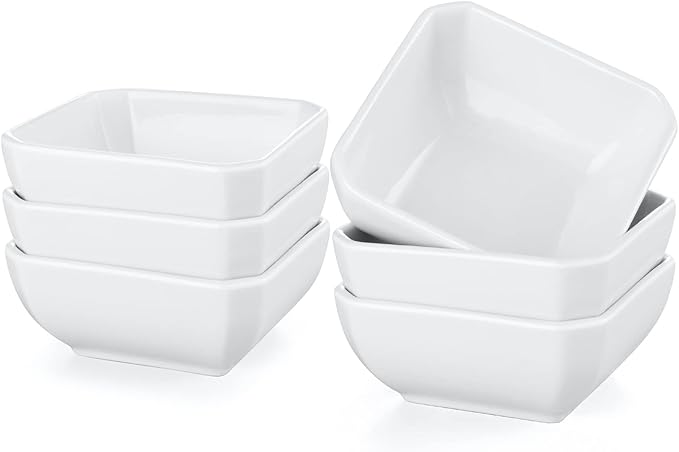 Yedio 3 Oz Square Dip Bowls Set of 6, White Ceramic Dipping Sauce Dishes, Mini Condiment Bowls for Soy Sauce, Sushi, BBQ, Ketchup, Vinegar, Party & Daily Use