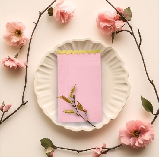 100 pack Pink Cocktail Napkins with Gold Foil Accents Scalloped Edges 4 x 8 inch Beverage Disposable Napkin Party Decoration Wedding Bridal and Baby Shower Dinner Lunch Supplies (Pink Mix)
