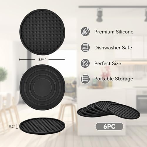 Coasters for Drinks, Silicone Coasters Set of 8 with Metal Holder, Outdoor Coaster for Coffee Table, Non-Slip Rubber Table Cup Mat Desk, Heat Resistant & Scratch-Proof (Black)