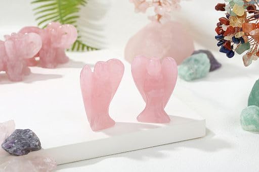 YATOJUZI 2" Rose Quartz Angel Decor Healing Crystals Polished Natural Stone Sculpture Statue Hand Carved Cute Figurines Energy Reiki Pink Home Room Office Desk Decoration Guardian Gifts for Women Men