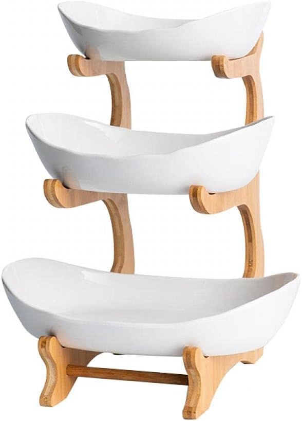 jessie 3 Tier Fruit Basket,Ceramic Large Capacity Tiered Fruit Basket Stand,Bamboo Fruit Serving Tray Snacks Nuts Bread Candy Storage Holder (White porcelain)