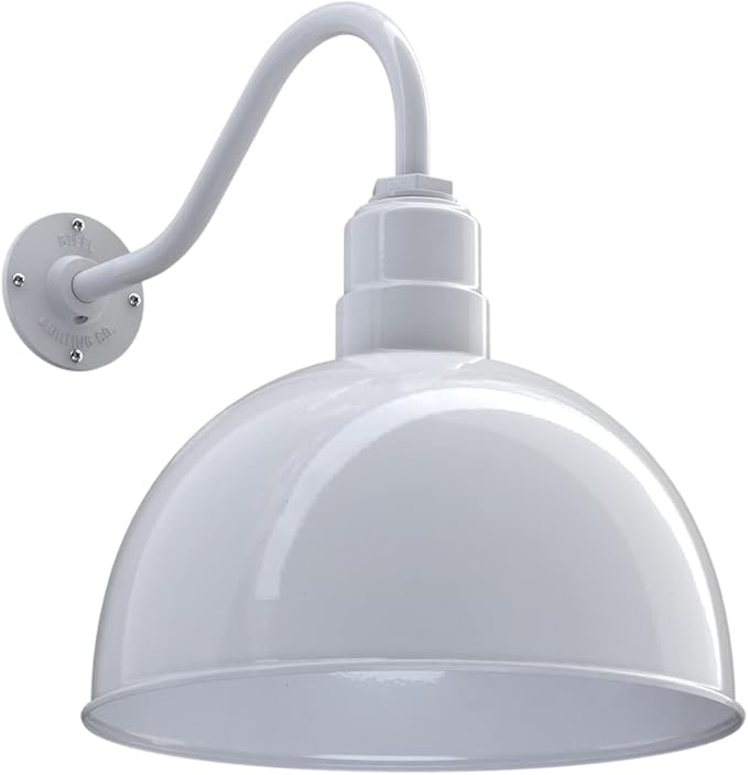 Steel Lighting Co. Hollywood Bowl Light | Outdoor Wall Mounted | 15 inch Bowl Dome | 16 inch Gooseneck | Barn Light Made in America | White Exterior/White Interior