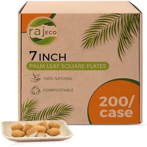 Raj Palm Leaf Plates [50-Pack] 7" Square Plates (4 CASES - 200 PACK) like Bamboo plates Disposable, Strong, Decorative Compostable Tableware for weddings, Lunch, Dinner, Birthday, Camping, Outdoor