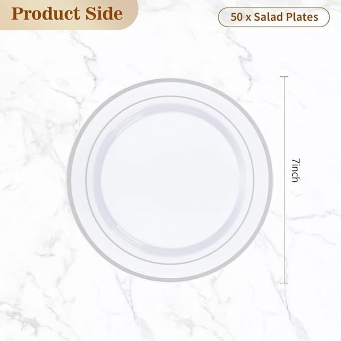 BESTVIP 50PCS 7 Inch Silver Plastic Plates, Disposable Salad Dessert Plate with Silver Rim for Christmas, Thanksgiving, Heavy Duty Disposable Plastic Plates for Parties, Wedding and Birthday, Events