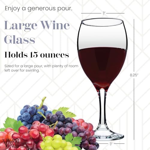 Vikko Wine Glasses, 15 Ounce Wine Glass, Set of 6 Stemmed Glasses for Red and White Wine, Thick and Durable Wine Glasses, Dishwasher Safe, Great Wedding, Holiday, Housewarming Gift