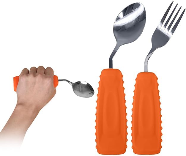 Adaptive Utensils Angled Spoon and Fork for Hand Tremors Parkinsons,Weighted Utensils with Non-Slip Easy Grip Handles for Independent Eating (1pcs Spoon+1pcs Fork=2 pcs,Orange,Left Hand)
