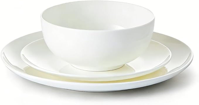 KINGSTONE 6-Piece Bone China Dinnerware Set for 2, Lightweight and Durable, Microwave and Dishwasher Safe, White Plates and Bowls for Everyday Use