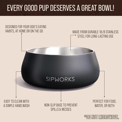 Sipworks Stainless Steel Dog Bowl – 32oz Weighted Metal Food and Water Bowls for Dogs and Cats with Non-Slip Base - Pet Bowls for All Breeds Sizes for Travel & Outdoor Play | Iron Smoke