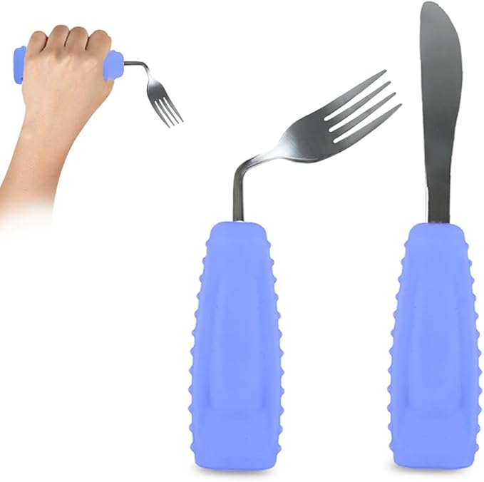 Adaptive Utensils Angled Knife and Fork for Hand Tremors Parkinsons,Weighted Utensils with Non-Slip Easy Grip Handles for Independent Eating (1pcs Straight Knife+1pcs Fork,Purple,Left Hand)