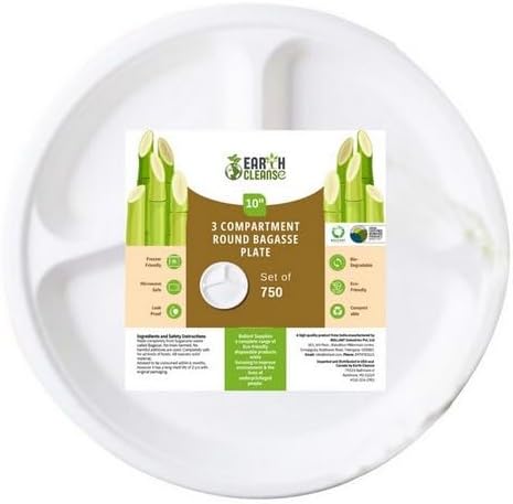 10" Round 3 Compartment Round Bagasse Plate, 750 Pack