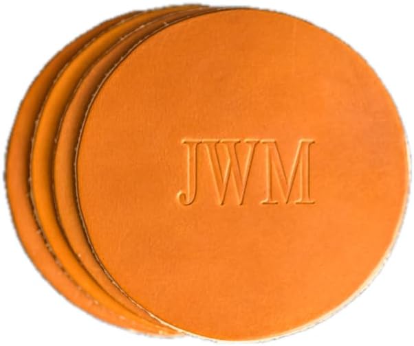 Ox & Pine Personalized Leather Coaster - Sold Individually or in Sets of 4 - Customize Inscription - 100% Full-Grain Leather – 4" Round or 4" Square (Round, Harvest, Set of 4 Coasters)
