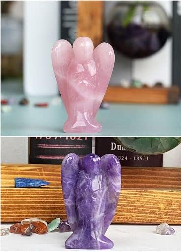YATOJUZI 2" Amethyst Rose Quartz 2Pcs Angel Decor Crystal Cute Polished Natural Stone Hand-Carved Sculpture Statue Figurines Gemstone Hippie Home Room Office Desk Gifts for Women Men