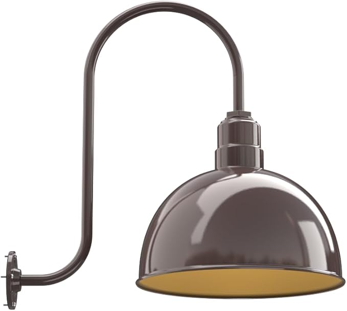Steel Lighting Co. Hollywood Bowl Light | Outdoor Wall Mounted | 15 inch Bowl Dome | Upward Sloping Gooseneck | Barn Light Made in America | Dark Bronze Exterior/Brass Interior