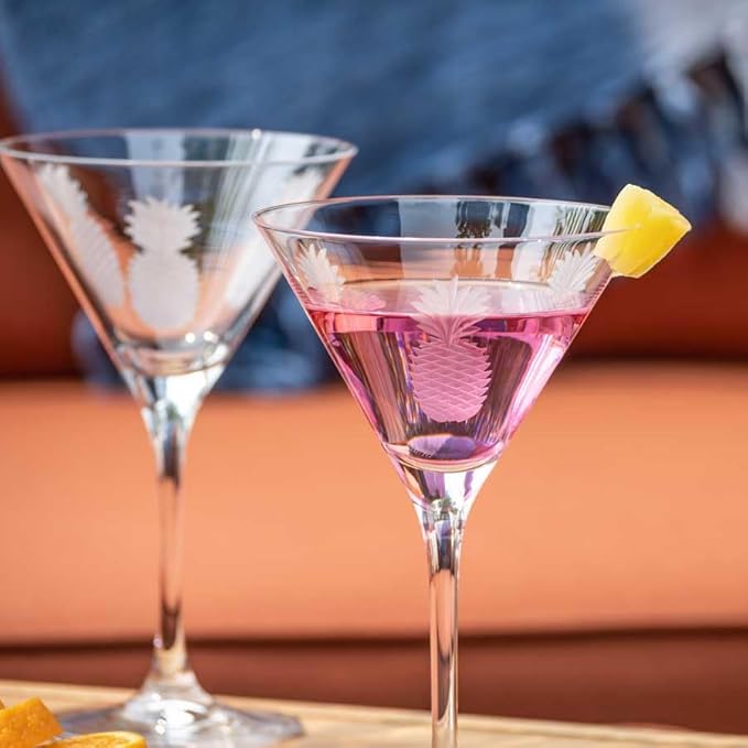 Rolf Glass Fresh Pineapple Martini Glass | Lead-Free Glasses | Proudly Made in the USA | Engraved Tropical Pineapple Martini Glasses | Set of 4