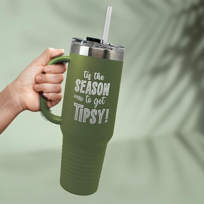 Tumbler Cups with Straw Tis The Season to Get Tipsy Christmas Xmas Coffee Tumbler with Lid Personalized Insulated Travel Mugs Engraved Stainless-Steel 40 Oz Forest Green Design Only