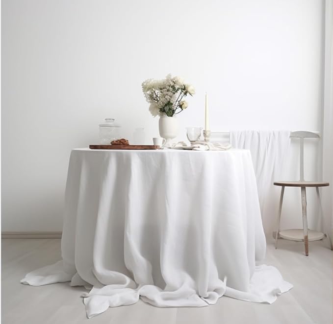 EVERLY 100% Pure Linen Round Tablecloth 60Inches for Dining,Buffet Parties,Picnic,Events,Weddings and Restaurants,Decorative Halloween,Thanksgiving Machine Washable Tablecloths-White