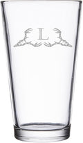 Hat Shark Deer Skull Letter Monogram Pint Beer Glass, 16 oz, Clear, A-Z Initials (1, Letter L)