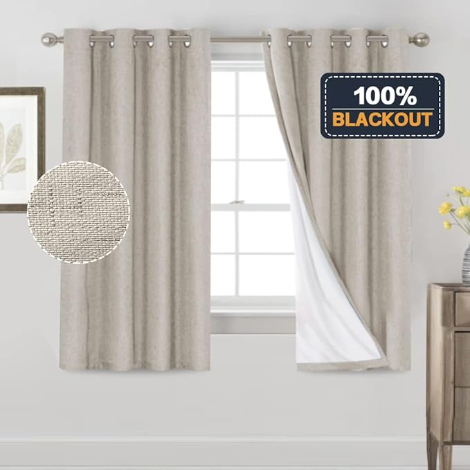 PrinceDeco Blackout Curtains 63 Inch Length Linen Texture Drapes for Bedroom Living Room Thermal Insulated with White Liner Grommet Room Darkening Curtains & Drapes (2 Panels, Cobblestone)