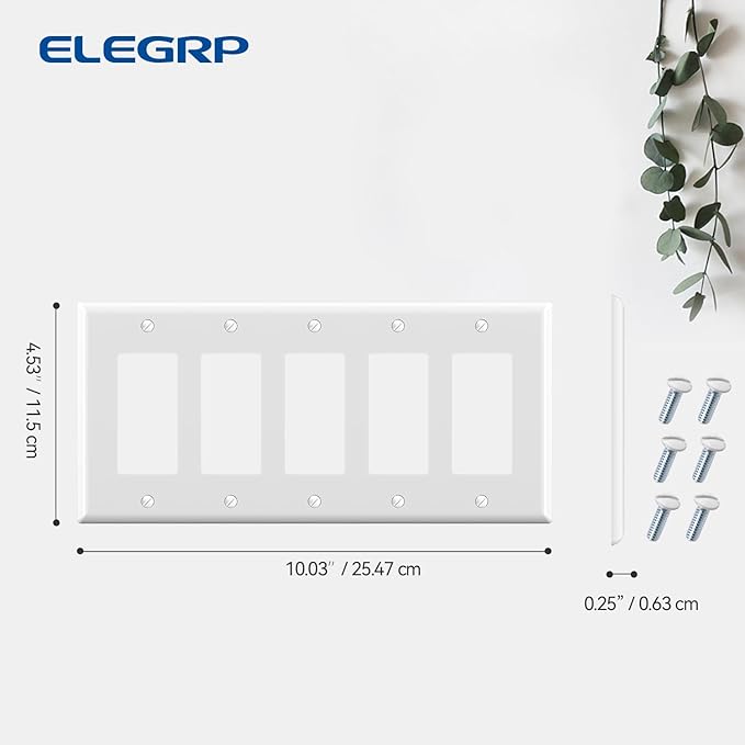 ELEGRP 5-Gang Decorative Wall Plates, Standard Size 4.52" H x 10.03" L Unbreakable Thermoplastic Faceplate Cover for Decorator Receptacle Outlet Switch, UL Listed (1 Pack, Glossy White)