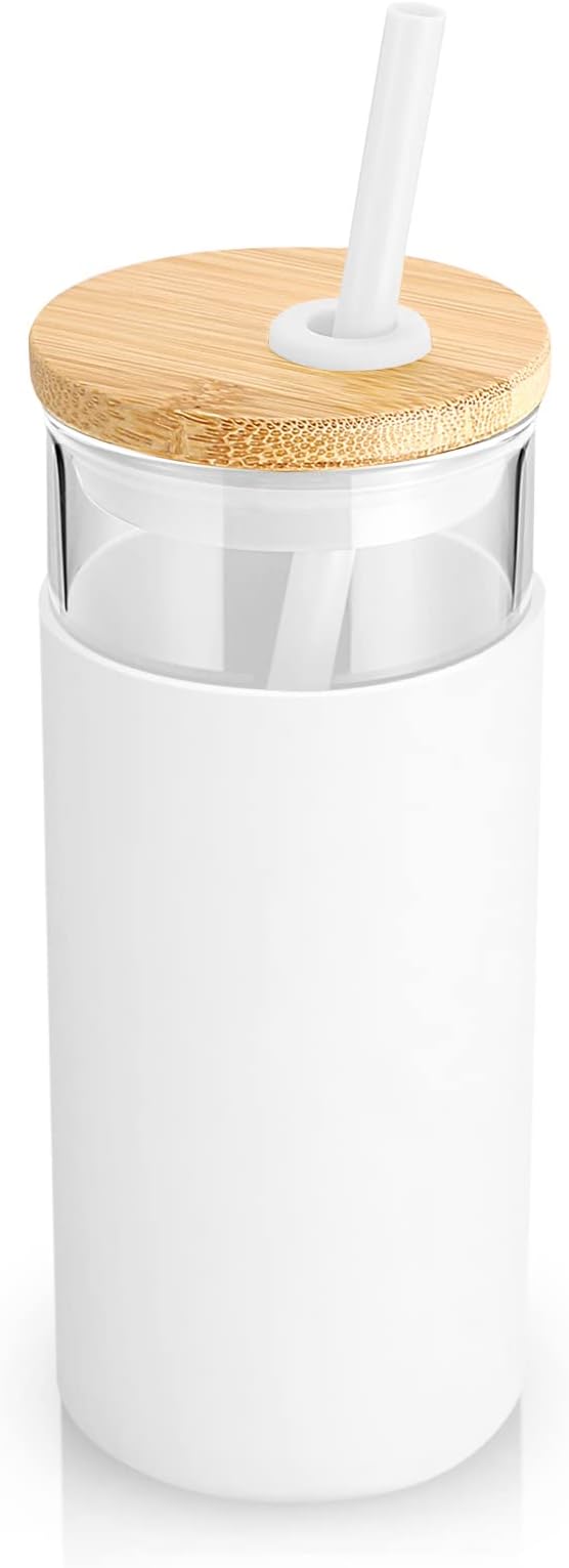 Tronco 20 oz Glass Tumbler with Lid and Straw, Iced Coffee Cup and Smoothie Cup with Bamboo Lids & Protective Silicone Sleeve, Dishwasher Safe, BPA-Free, Glass Cup 2 Pack