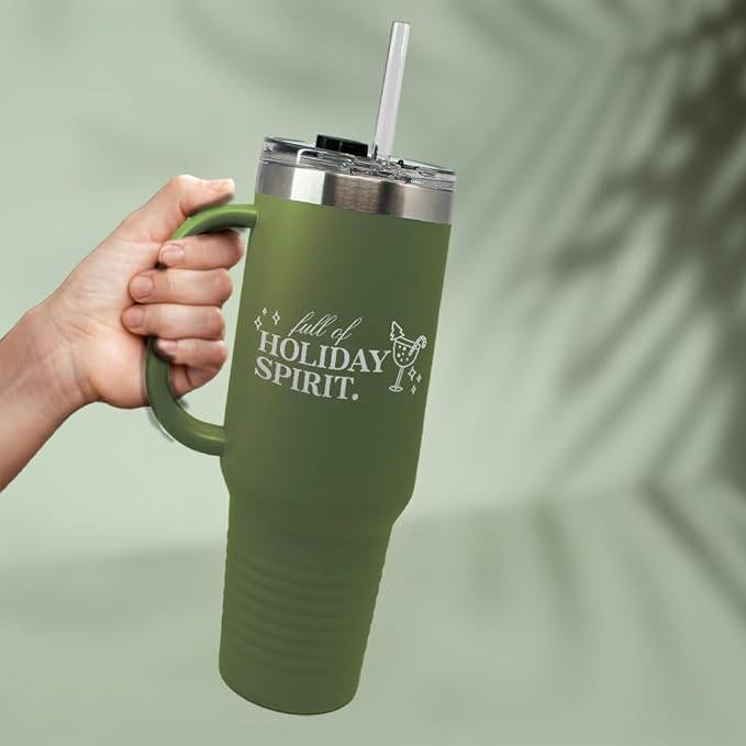 Speedy Pros Tumbler Cups with Straw Full of Holiday Spirit Christmas Xmas Fun Coffee Tumbler with Lid Personalized Insulated Travel Mugs Engraved Stainless-Steel 20 Oz Forest Green Design Only