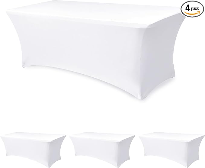 Table Cover for 6 foot Rectangle Tables-4 Pack White Fitted Stretch Tablecloth-Elastic Spandex 6ft Folding Tablecloths for Party, Vendor Booth Display, Banquet Buffet Event, Craft Trade Show